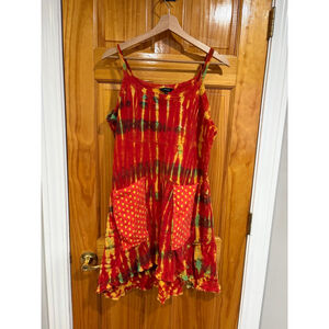 Yak n Yeti Tie Dye Cotton Dress Red Yellow Boho Festival Pocket Dress XL